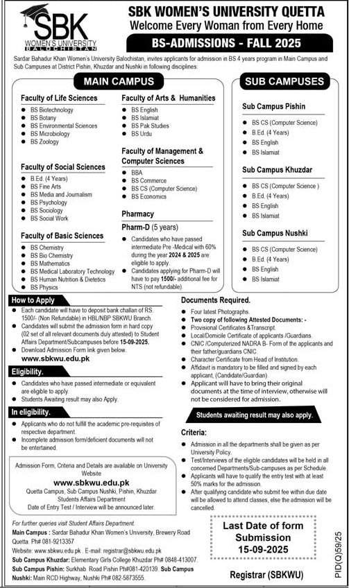 Admission Open in Sardar Bahaudar Khan Women University 2025 – Sardar Bahadur Khan Women's University Quetta Admissions 2025 — original advertisement