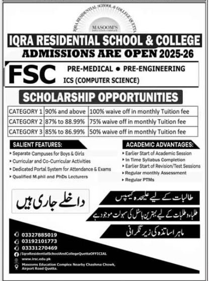 Admission Open in Iqra Residential School & College 2025 – Iqra Residential School & College Quetta Admissions 2025 — original advertisement