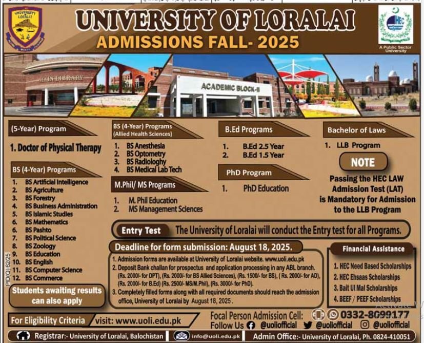 Admission Open in University of Loralai 2025 Admissions 2025 — original advertisement