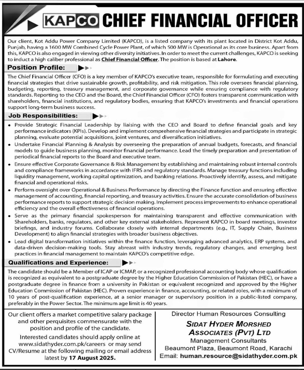 Kot Addu Power Company Limited KAPCO Jobs 2025 – Private Company Jobs 2025 — original advertisement