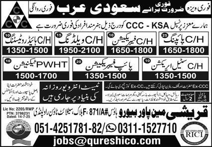 CH Piping & CH Fabrication Jobs In KSA 2025 – Qureshi Manpower Bureau Jobs 2025 — original advertisement