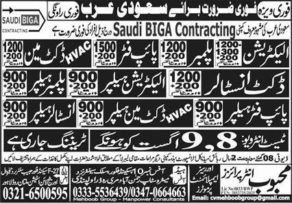 Electrician And Duct Installer Jobs In Saudi Arabia – Mehboob Enterprises Overseas Employment Promoters Jobs 2025 — original advertisement