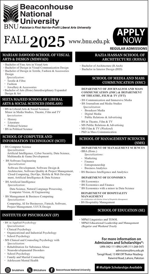 Admission Open in Beaconhouse National University 2025 Admissions 2025 — original advertisement