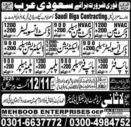 Ducket Man And Pipe Fitter Jobs in Saudia Arabia 2025 – Lasani Trade Test & Technical Training Center Jobs 2025 — original advertisement