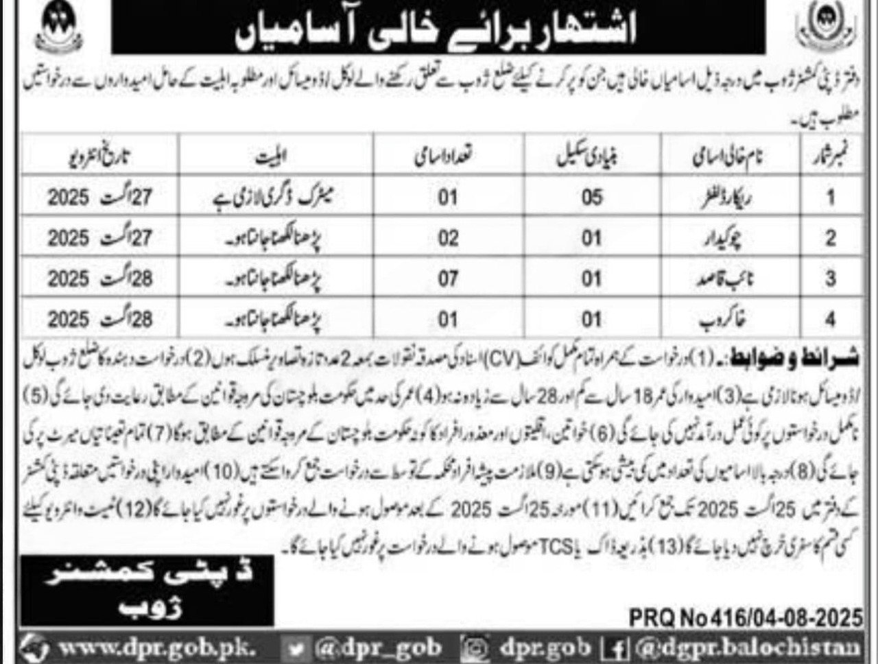 Deputy Commissioner Office Zhob Jobs 2025 – Revenue Department Balochistan Jobs 2025 — original advertisement