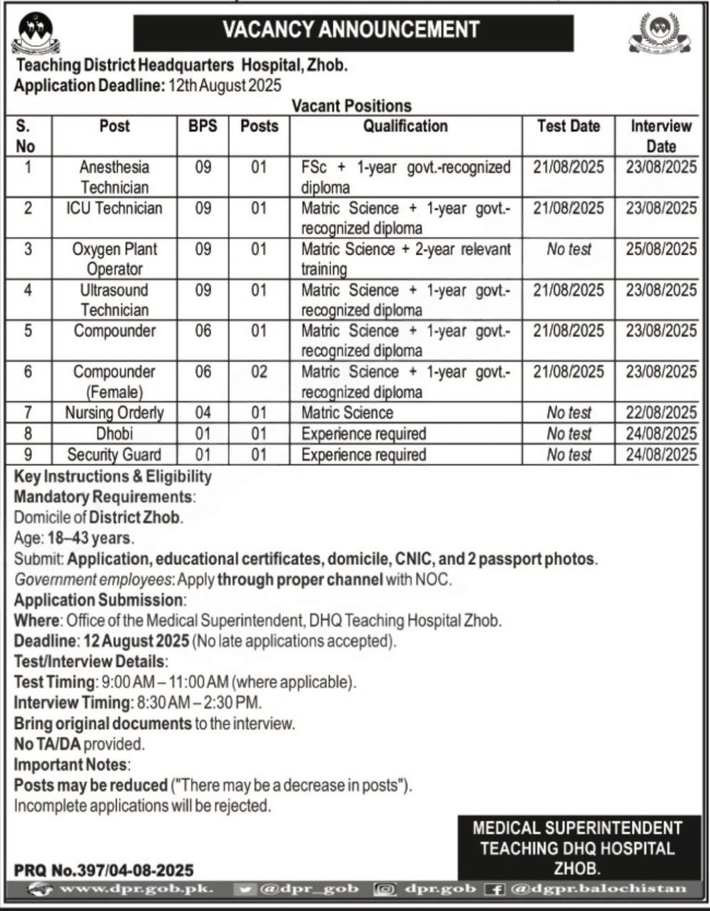 District Teaching Hospital Zhob Jobs 2025 – Health Department Balochsitan Jobs 2025 — original advertisement
