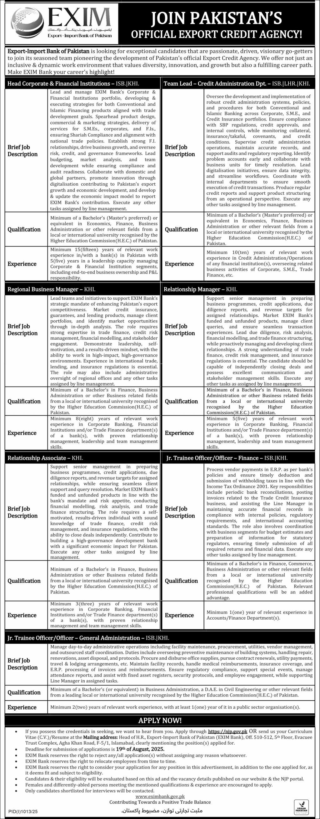 Exim Import Bank Of Pakistan Islamabad Jobs 2025 – EXIM Bank of Pakistan Jobs 2025 — original advertisement
