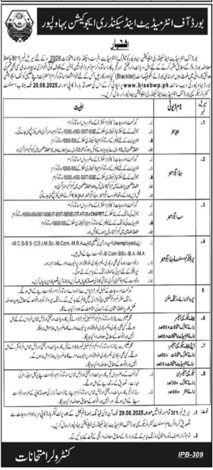 Board of Intermediate and Secondary Education BISE Jobs 2025 – Board Of Intermediate and Secondary Education Rawalpindi Jobs 2025 — original advertisement