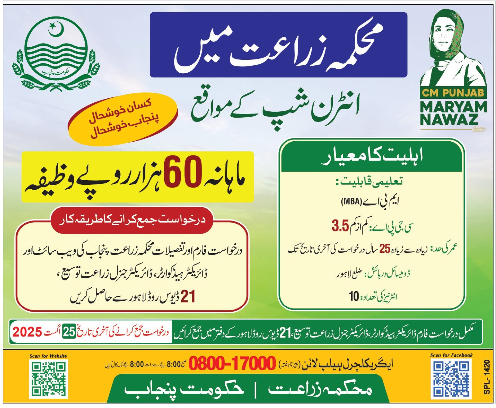 Punjab Agriculture Department Lahore Internship 2025 – Agriculture Department Punjab Jobs 2025 — original advertisement