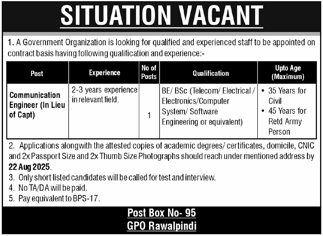Public Sector Organization Rawalpindi Jobs 2025 Jobs 2025 — original advertisement