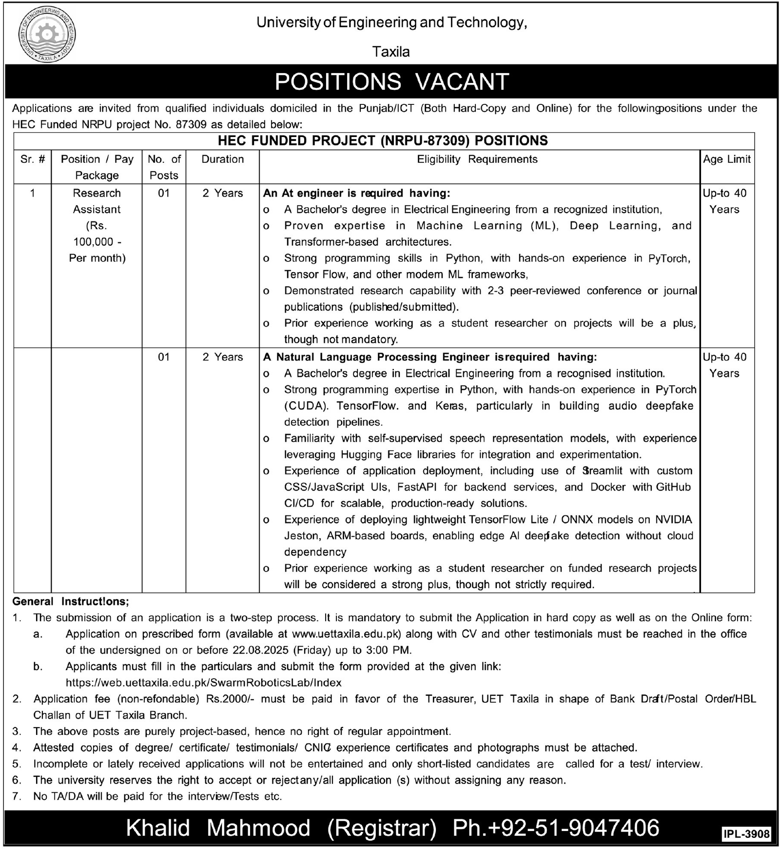 University Of Engineering & Technology UET Taxila Jobs 2025 – University of Engineering and Technology Taxila Jobs 2025 — original advertisement