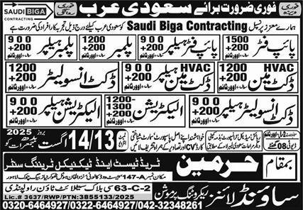 Duct Insulator & Pipe Fitter Jobs 2025 In Saudi Arabia – Harmain Trade Test & Technical Training Center Jobs 2025 — original advertisement