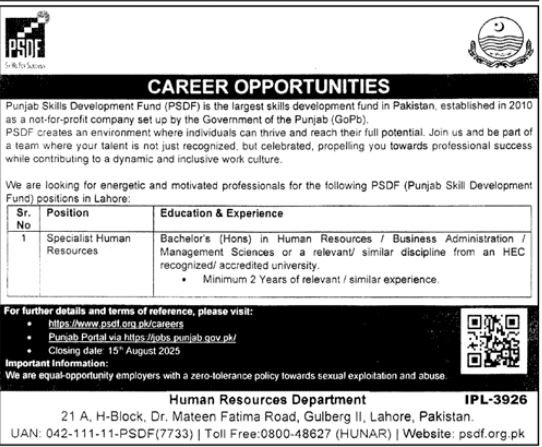 Punjab Skills Development Fund PSDF Lahore Job 2025 Jobs 2025 — original advertisement
