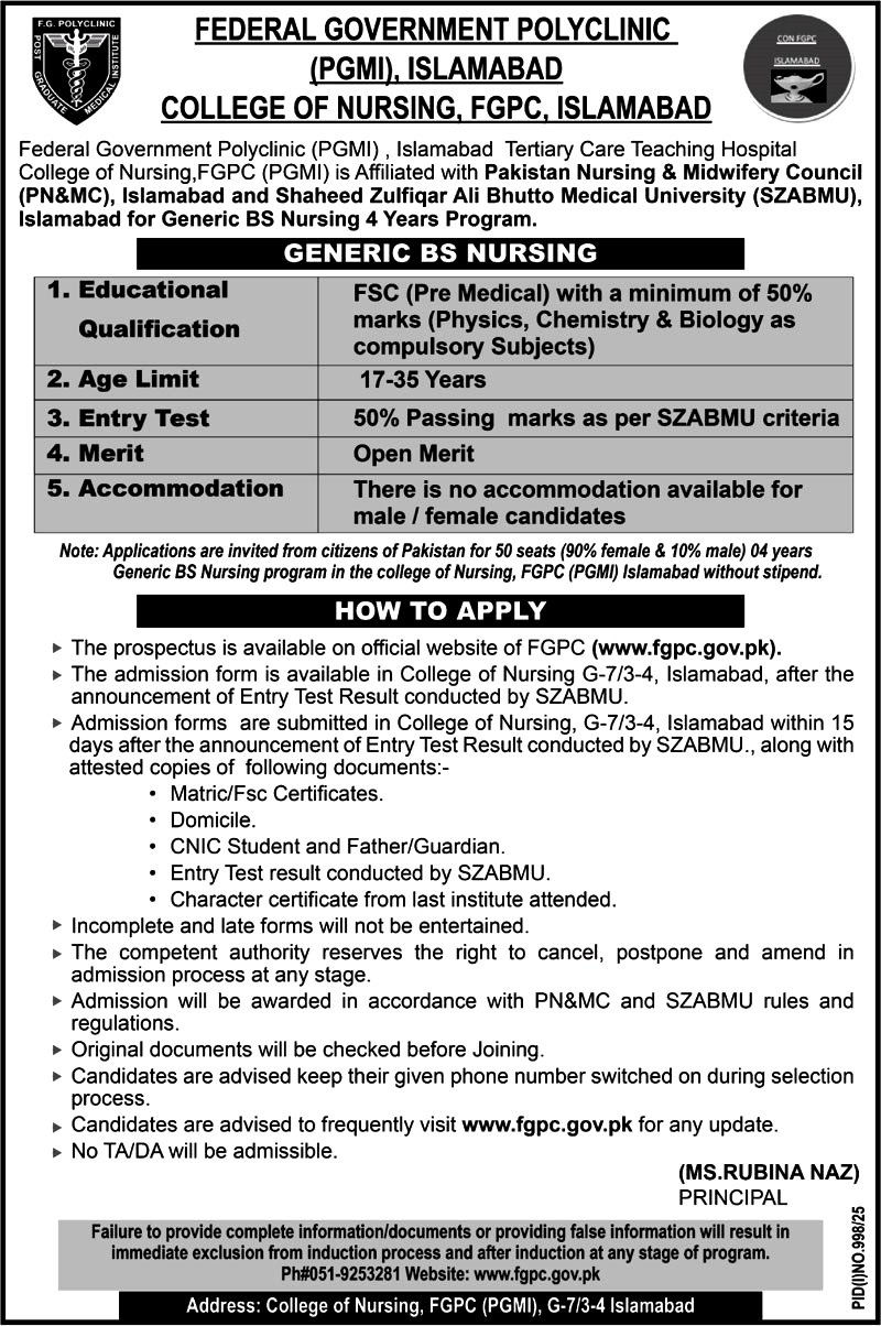 Admission Open in College of Nursing Fgpc Islamabad 2025 – College Of Nursing SBA Nawabshah Admissions 2025 — original advertisement