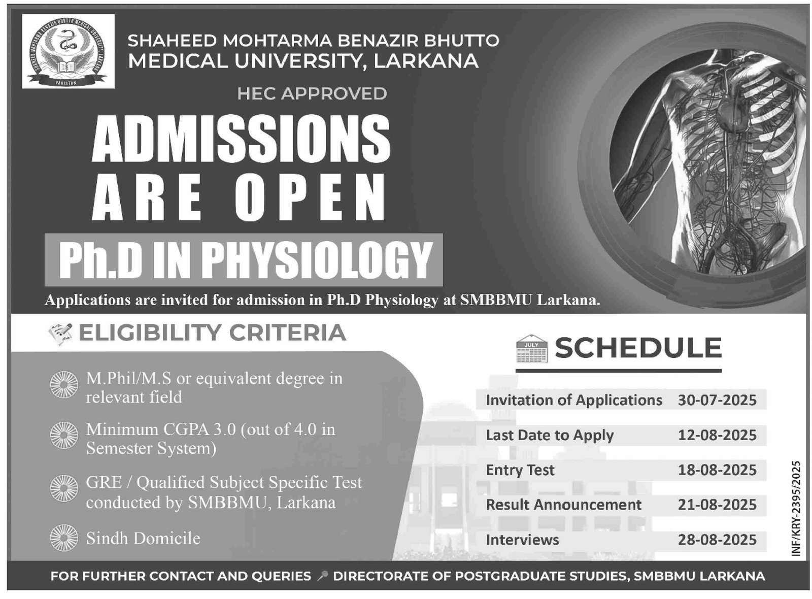 Admission Open in Shaheed Mohtarma Benazir Bhutto Medical – Shaheed Mohtarma Benazir Bhutto Medical University Larkana Admissions 2025 — original advertisement