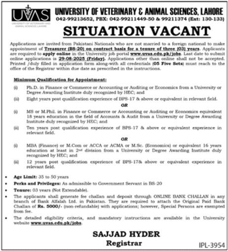 Univsersity Of Veterinary & Animal Sciences UVAS Job 2025 – University of Veterinary and Animal Sciences Lahore Jobs 2025 — original advertisement