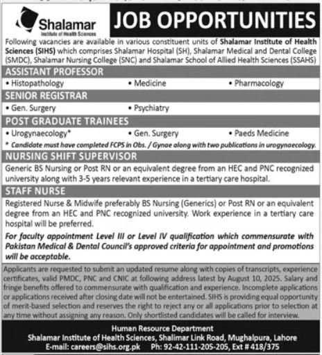 Shalamar Institute Of Health Sciences Lahore Jobs 2025 Jobs 2025 — original advertisement
