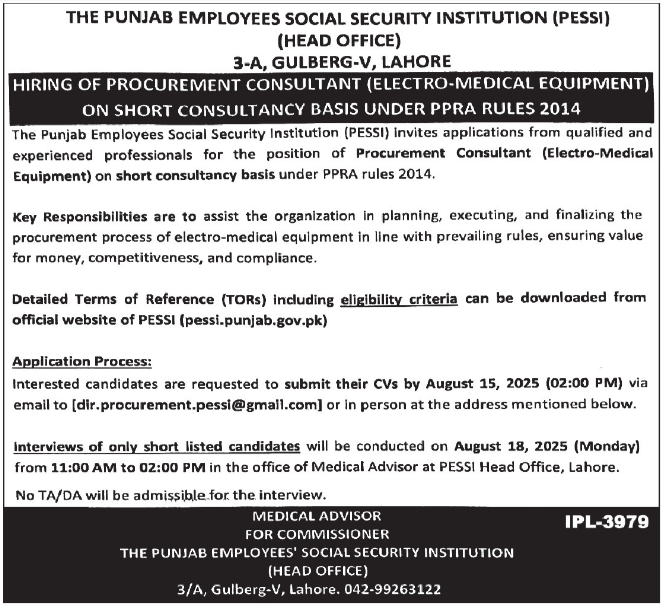 Punjab Employees Social Security Institution PESSI Jobs 2025 – Punjab Employees Social Security Institution (PESSI) Jobs 2025 — original advertisement