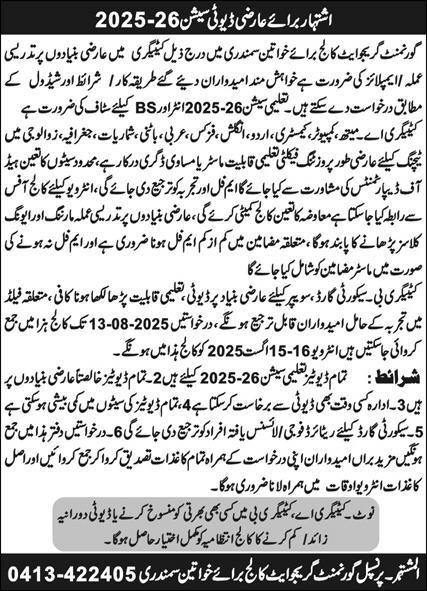 Government Graduate College For Women Samundri Jobs 2025 – Government Graduate College For Women Lahore Jobs 2025 — original advertisement