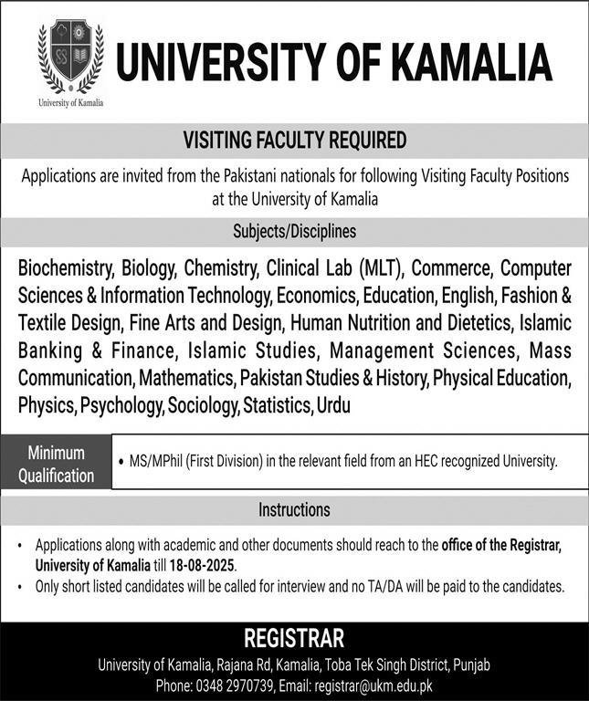 University Of Kamalia Toba Tek Singh Jobs 2025 Jobs 2025 — original advertisement