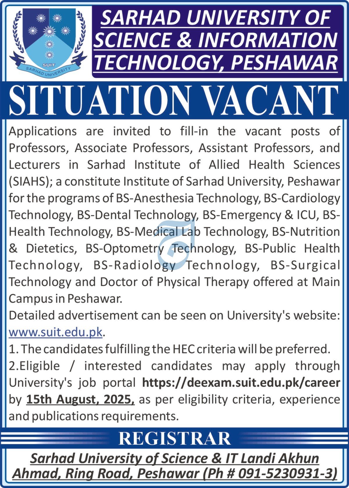 Sarhad University Of Science & Information Technology Jobs – Sarhad University of Science and Information Technology Peshawar Jobs 2025 — original advertisement
