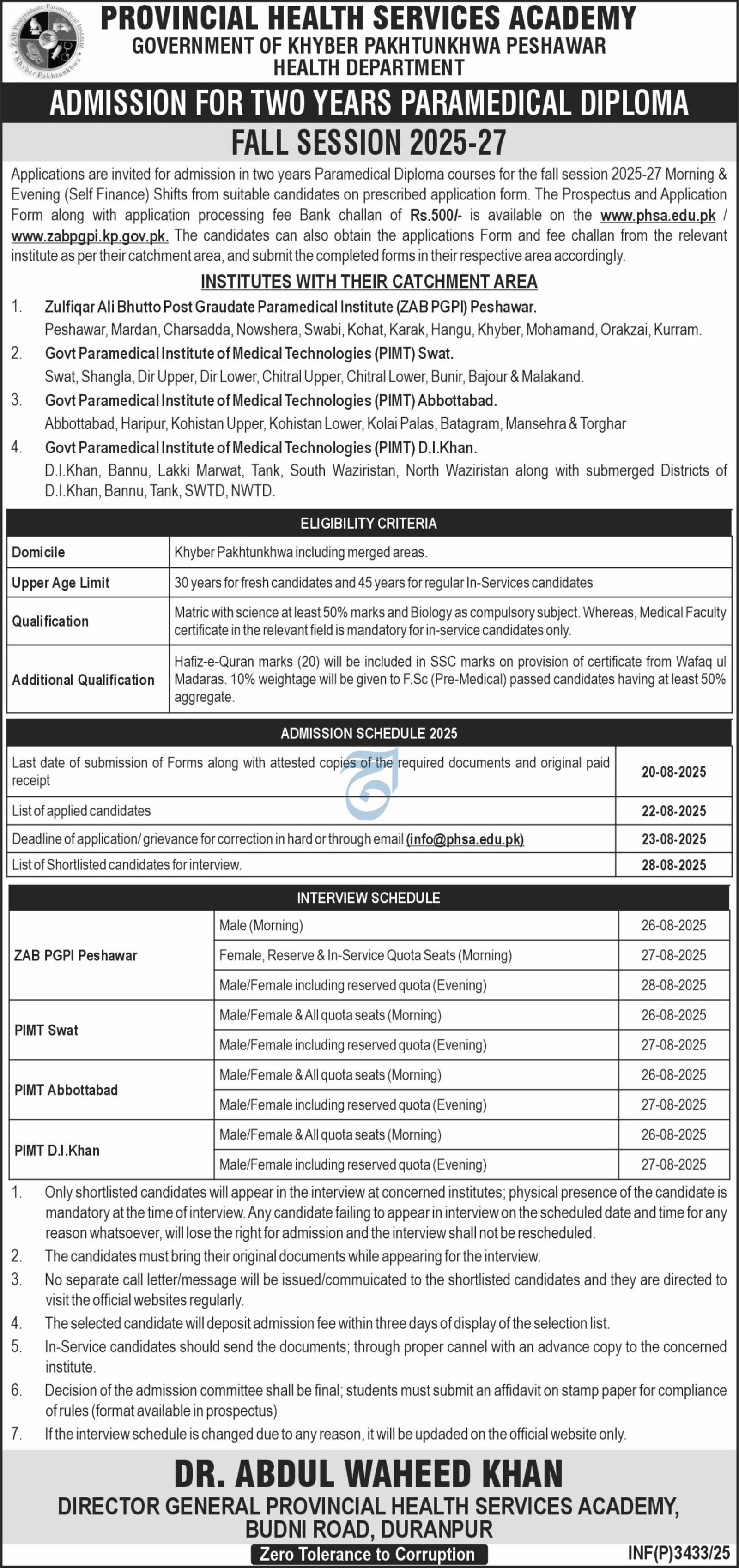 Admission Open in Provincial Health Services Academy 2025 – Provincial Health Service Academy KPK Admissions 2025 — original advertisement