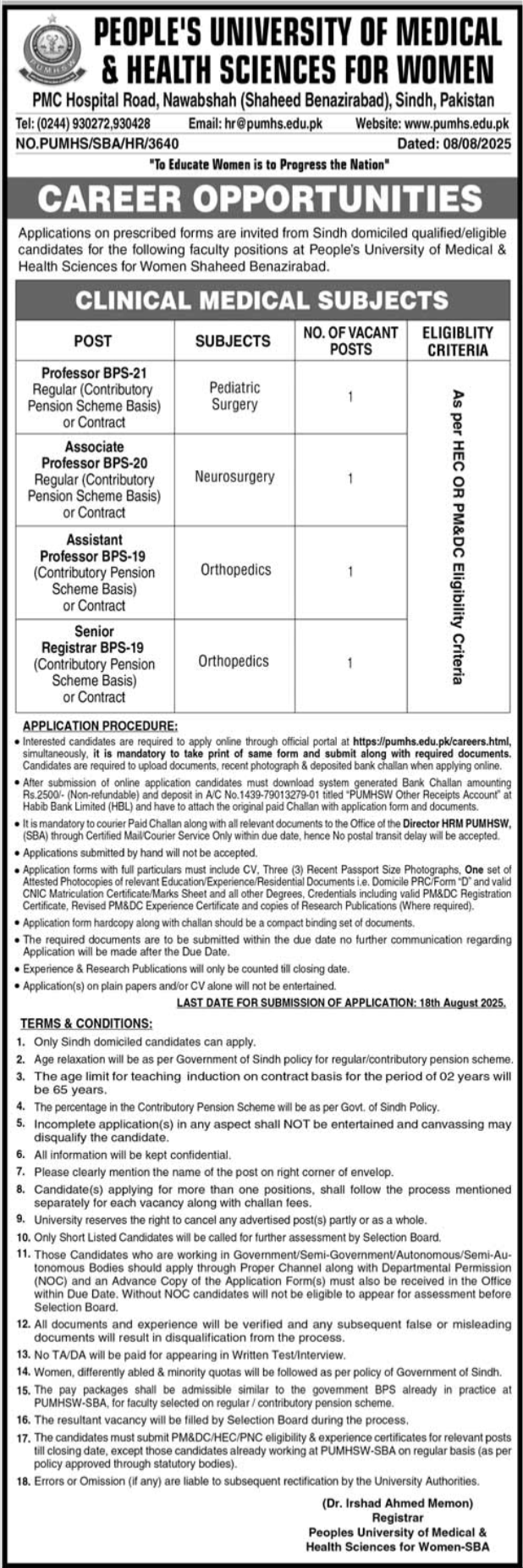 Peoples University Of Medical And Health Sciences PUMHS Jobs – Peoples University of Medical & Health Sciences for Women Shaheed Benazirabad Jobs 2025 — original advertisement
