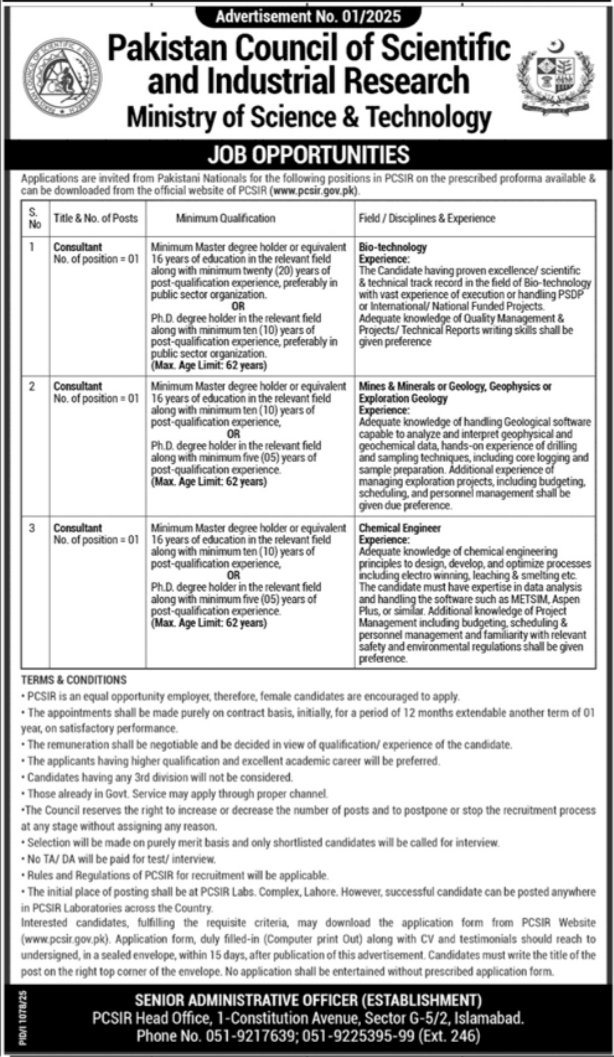 Pakistan Council Of Scientific & Industrial PCSIR Jobs 2025 – Pakistan Council of Scientific and Industrial Research Jobs 2025 — original advertisement