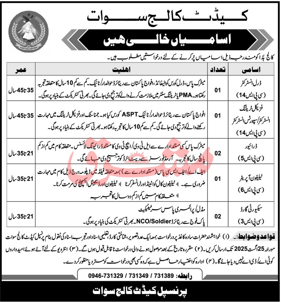 Cadet College Swat Jobs 2025 Jobs 2025 — original advertisement