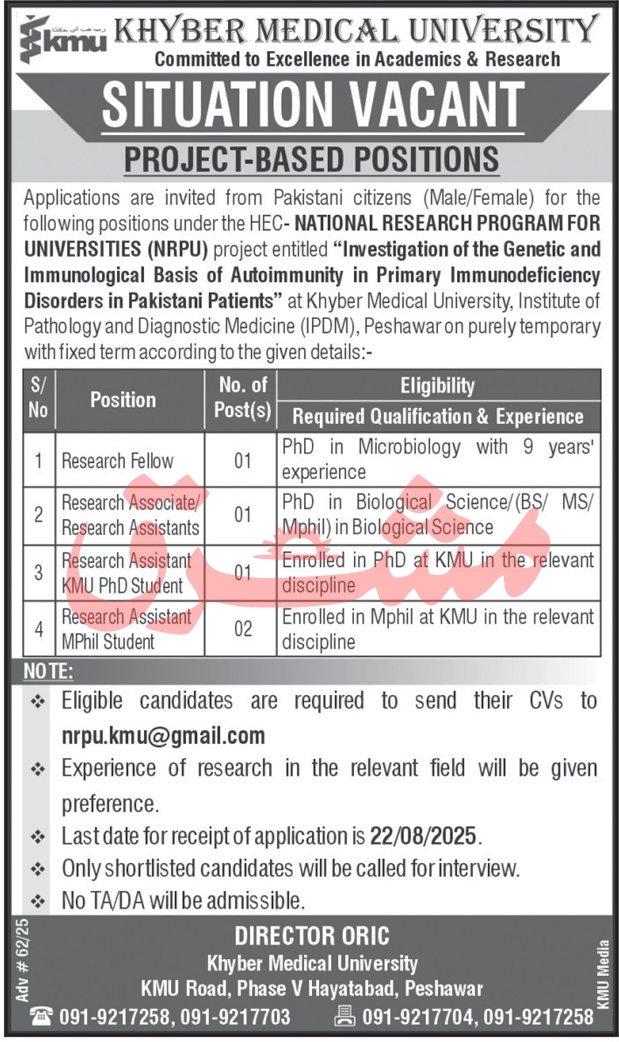 Khyber Medical University KMU Pehsawar Jobs 2025 – Khyber Medical University Peshawar Jobs 2025 — original advertisement