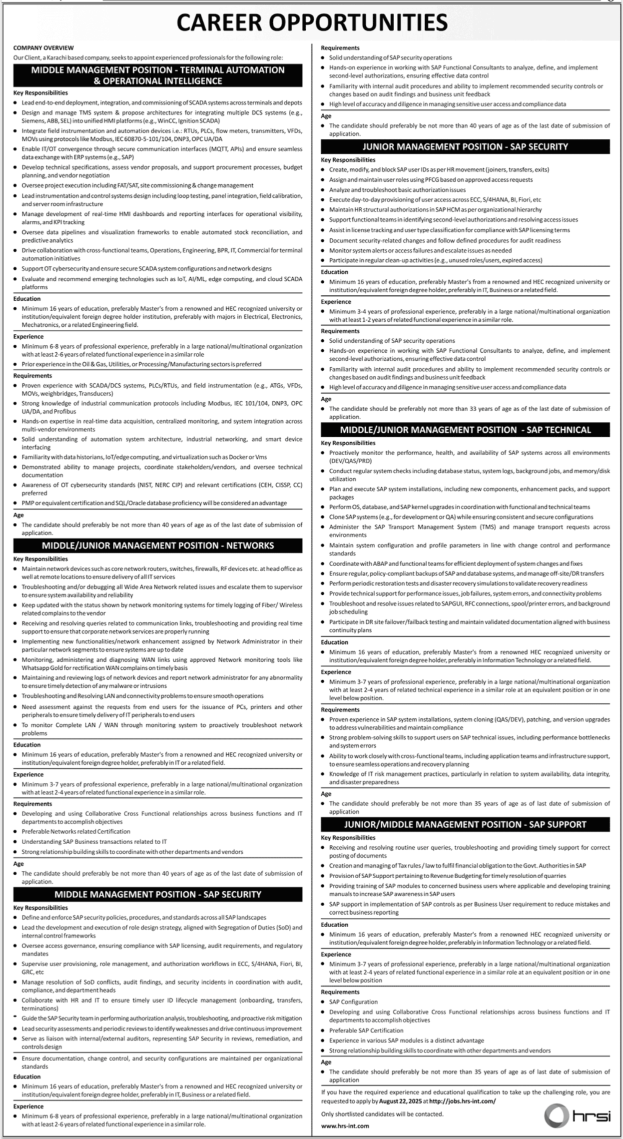 Human Resource Solutions International HRSI Karachi Jobs – HRSG People and Business karachi Jobs 2025 — original advertisement