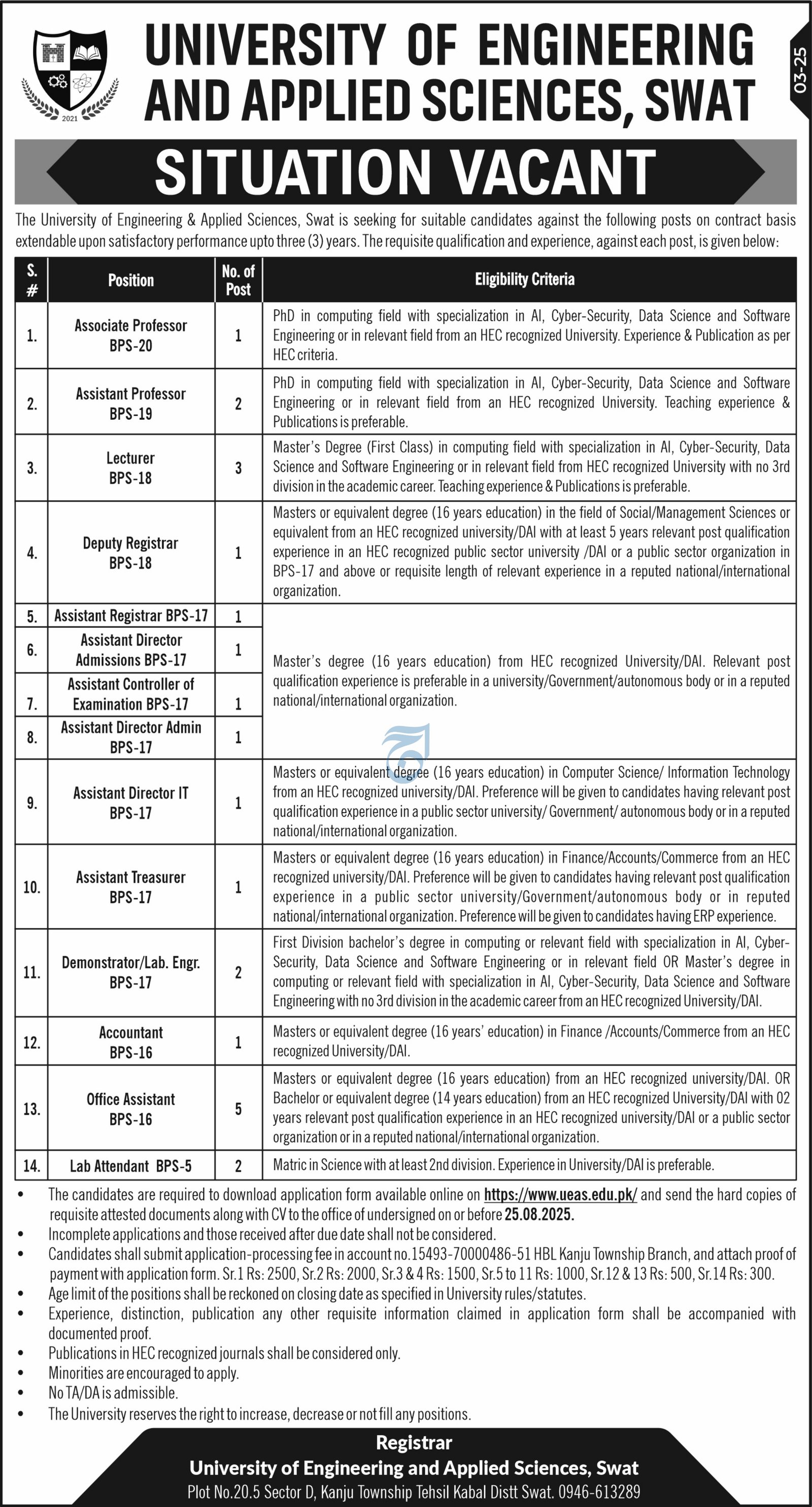 University Of Engineering & Applied Sciences UEAS Jobs 2025 – University of Engineering and Technology Peshawar Jobs 2025 — original advertisement