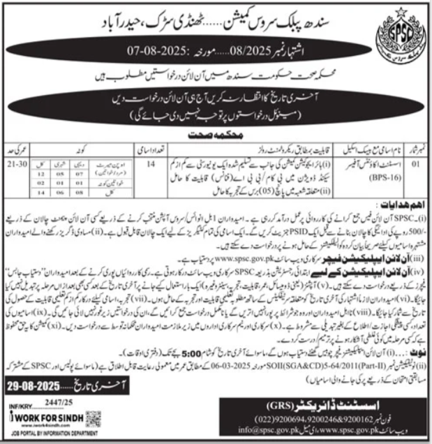 SPSC Sindh Public Service Commission Hyderabad Job 08/2025 – Sindh Public Service Commission at Karachi Jobs 2025 — original advertisement