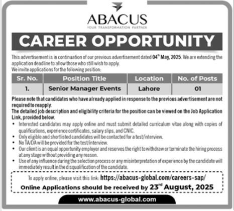 Abacus Global Lahore Jobs 2025 – Public Sector Organization Jobs 2025 — original advertisement