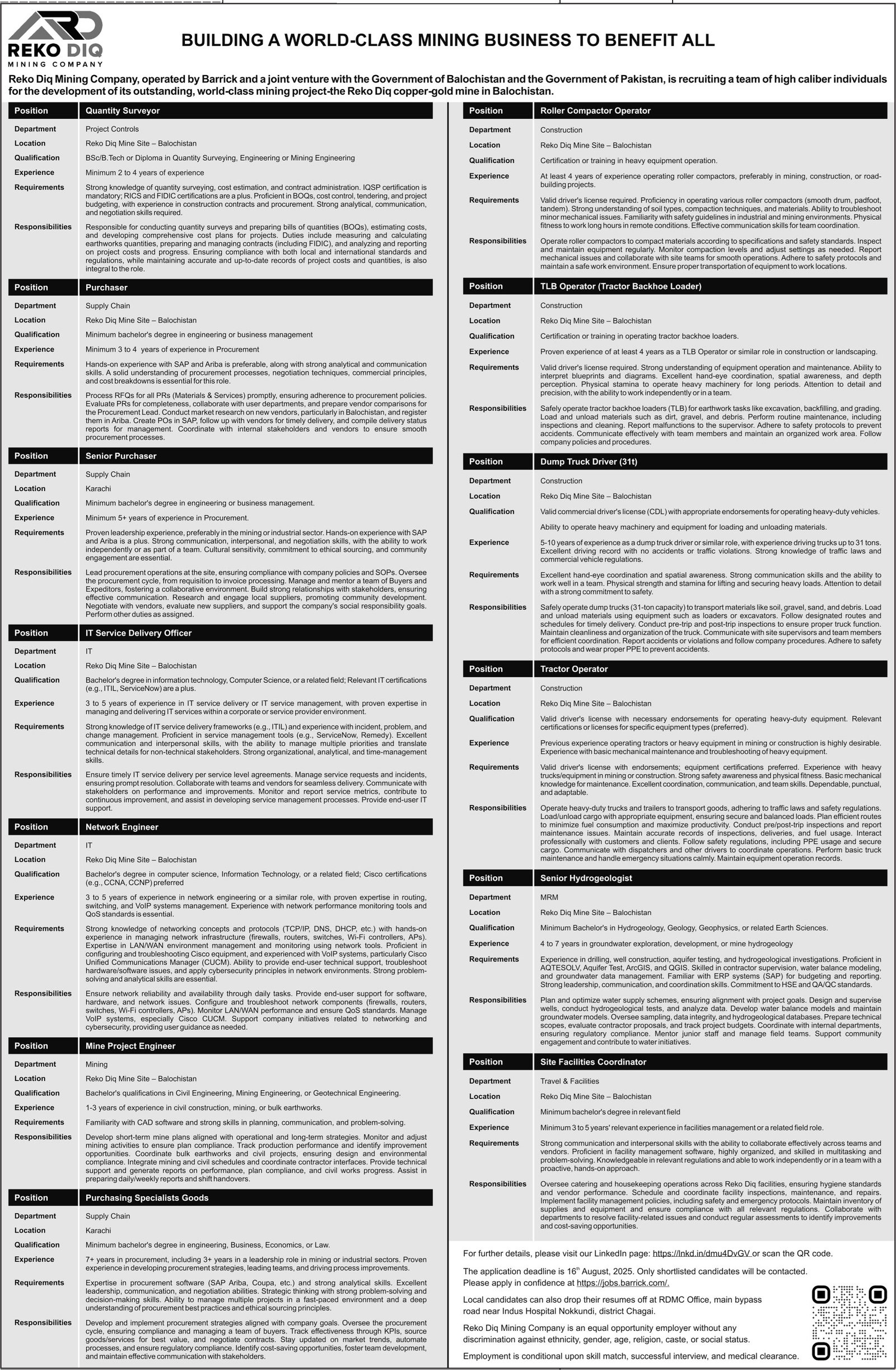 Reko Diq Mining Company RDMC Jobs 2025 – Private Company Jobs 2025 — original advertisement