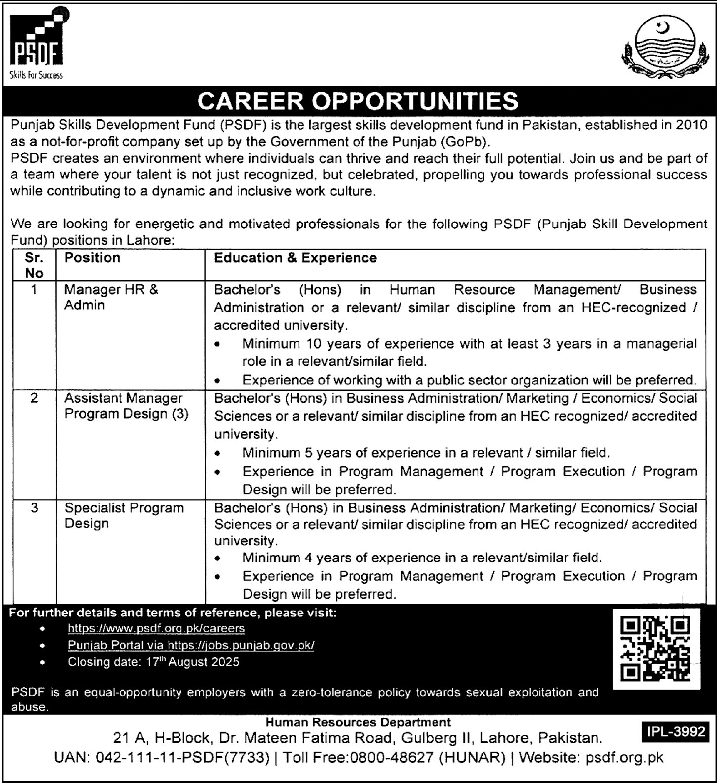 Punjab Skill Development Fund PSDF Lahore Jobs 2025 – Punjab Skills Development Fund Jobs 2025 — original advertisement