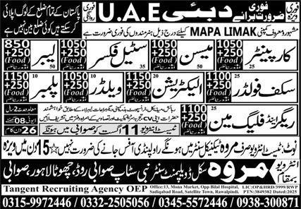 Plumber & Carpenter Jobs 2025 In Dubai – Marwa Skill Development Center Jobs 2025 — original advertisement
