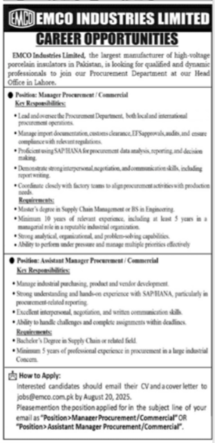 EMCO Industries Limited Manager Procurement Jobs 2025 – Private Company Jobs 2025 — original advertisement