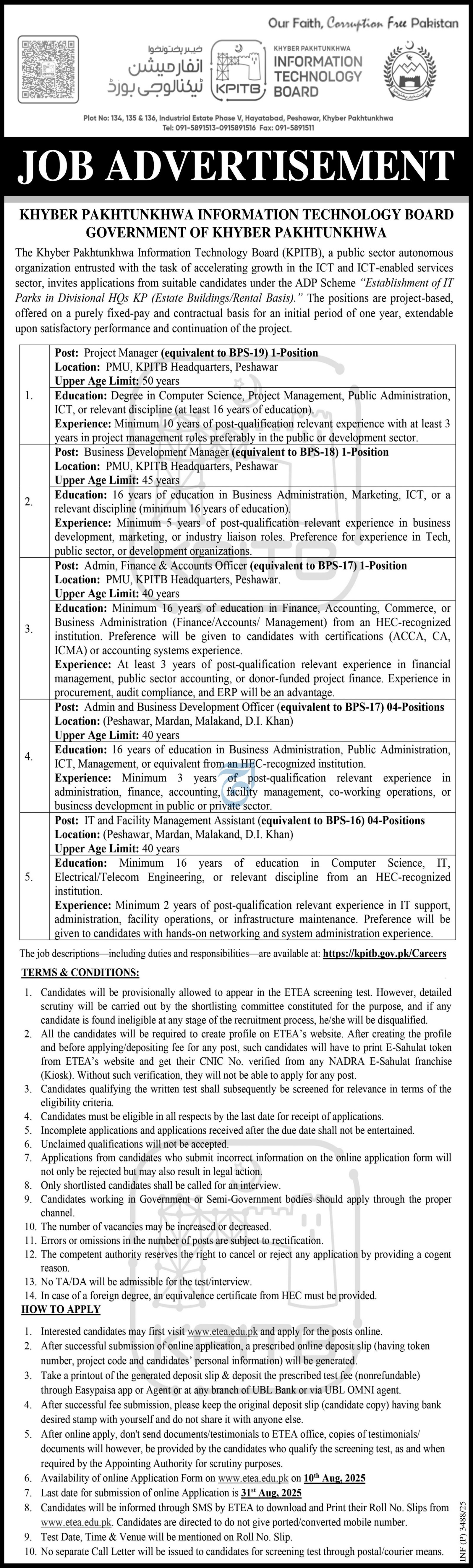 KPK Information Technology Board Jobs 2025 – Khyber Pakhtunkhwa Information Technology Board (KPITB) Peshawar Jobs 2025 — original advertisement