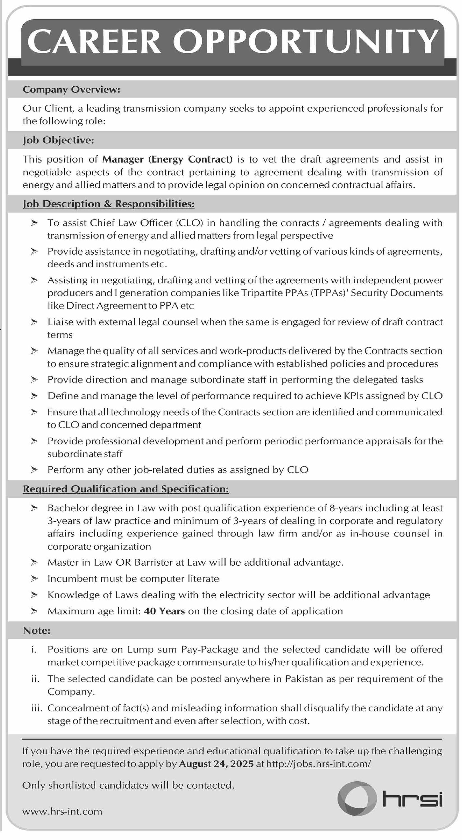 Human Resource Solutions International HRSI Karachi Job 2025 – HRSG People and Business karachi Jobs 2025 — original advertisement