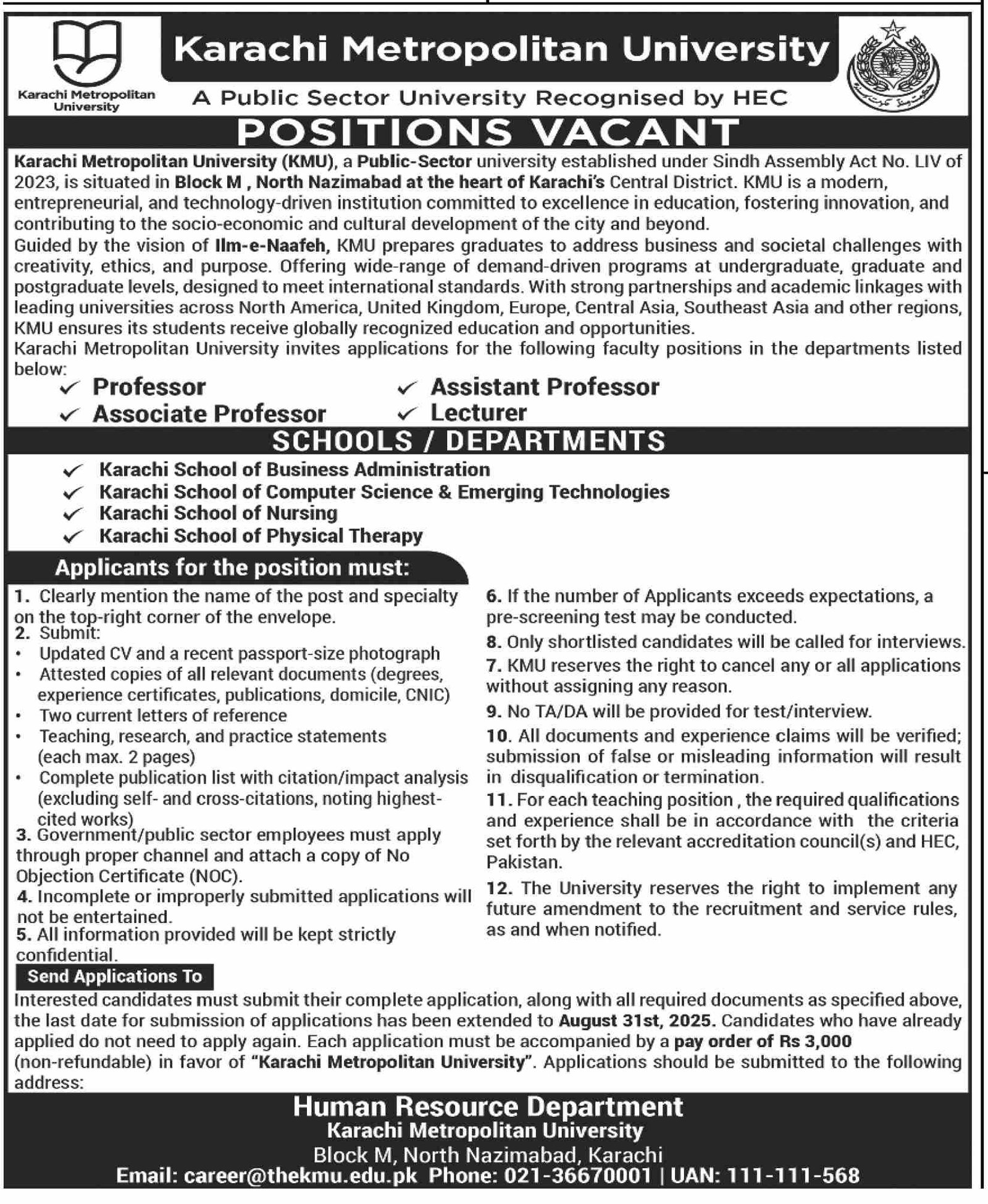 Karachi Metropolitan University KMU Jobs 2025 – Public Sector Organization Jobs 2025 — original advertisement