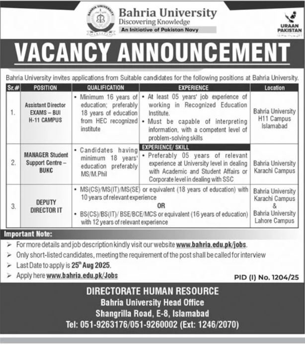 Bahria University Islamabad Jobs 2025 Jobs 2025 — original advertisement
