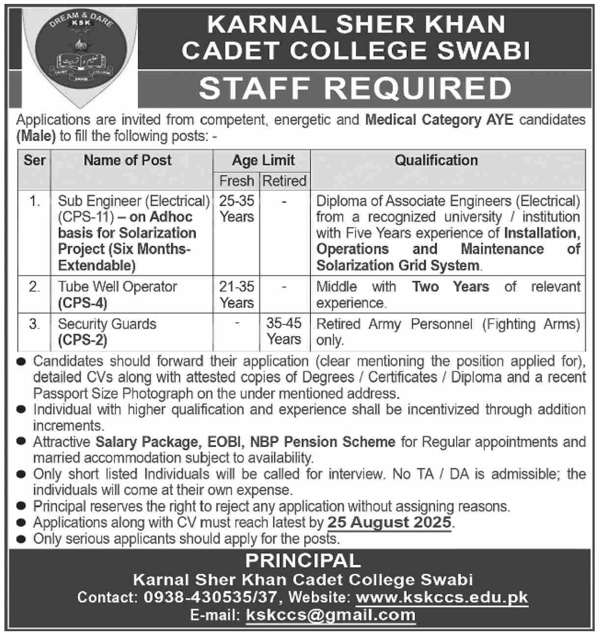 Karnal Sher Khan Cadet College Swabi Jobs 2025 Jobs 2025 — original advertisement