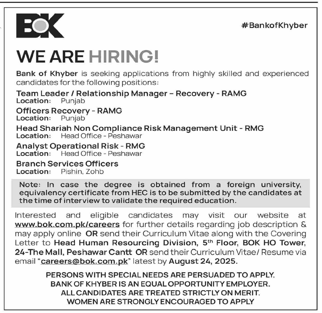 The Bank Of Khyber BOK Jobs 2025 Jobs 2025 — original advertisement
