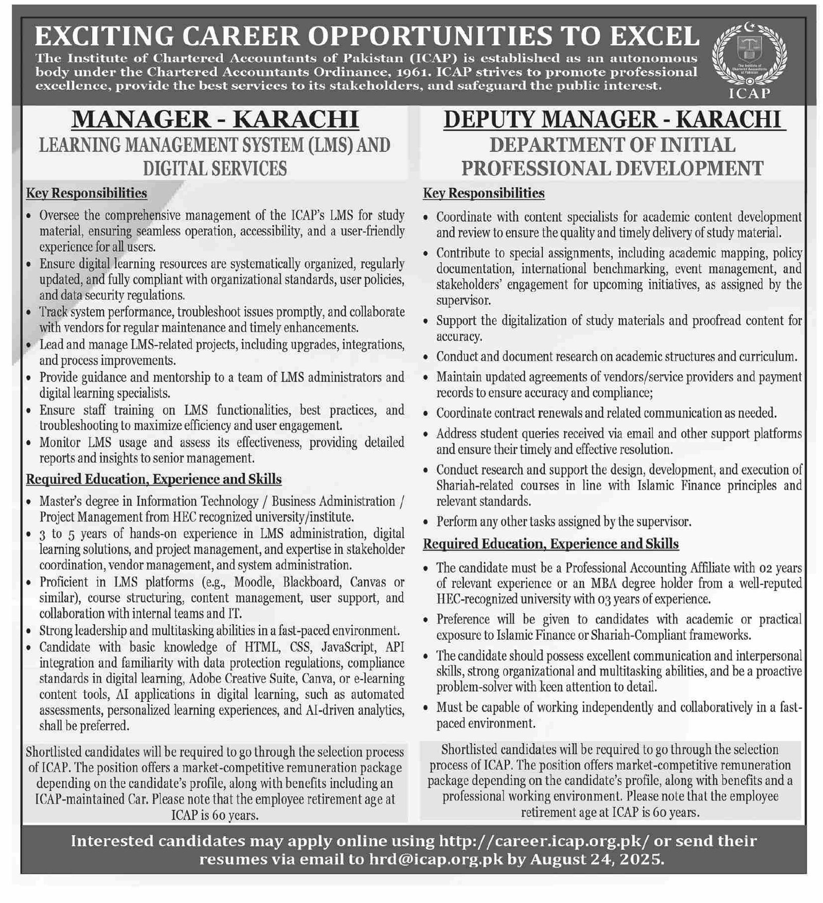 Institute Of Chartered Accountants ICAP Karachi Jobs 2025 – National Institute of Child Health (NICH) & School of Nursing Karachi Jobs 2025 — original advertisement