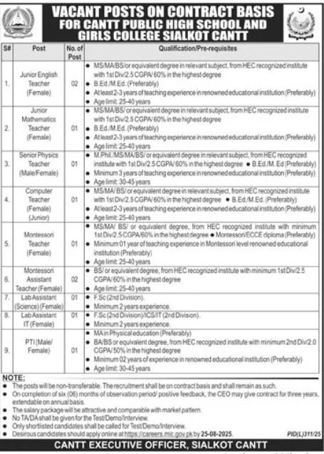 Cantt Public High School And Girls College Siaklot Jobs 2025 – Cant Public High School & Girls College Jobs 2025 — original advertisement