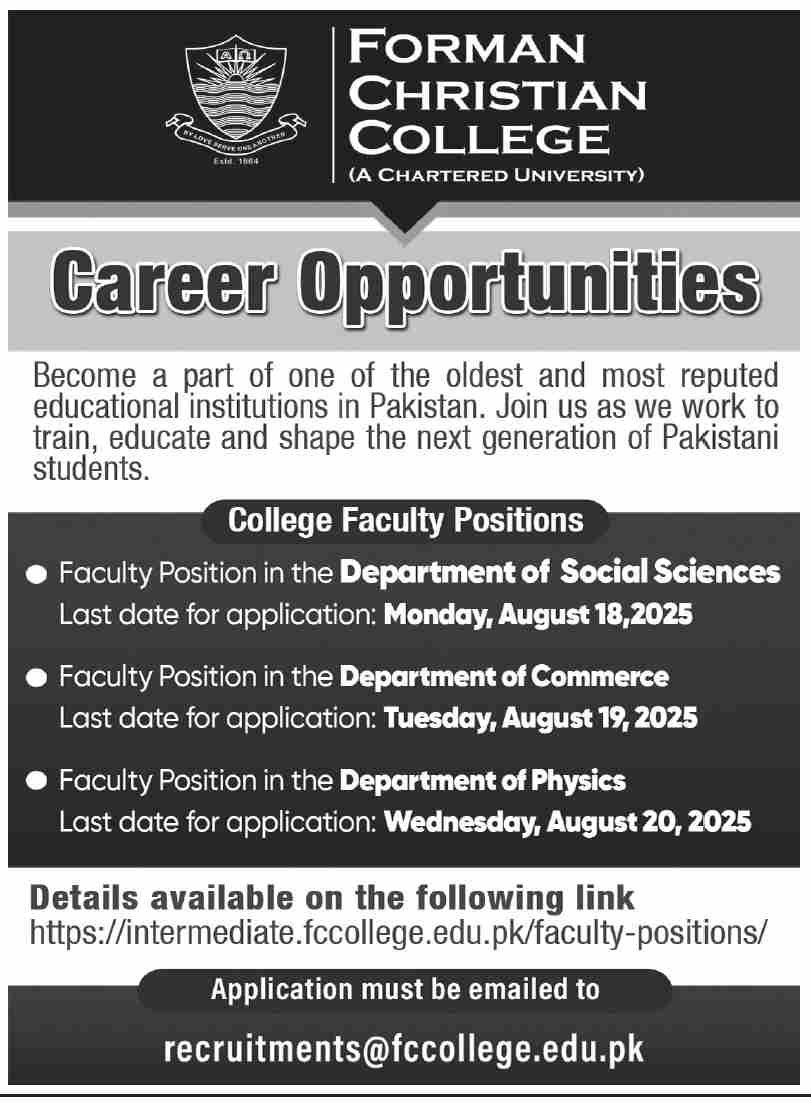 Forman Christian College Lahore Jobs 2025 Jobs 2025 — original advertisement