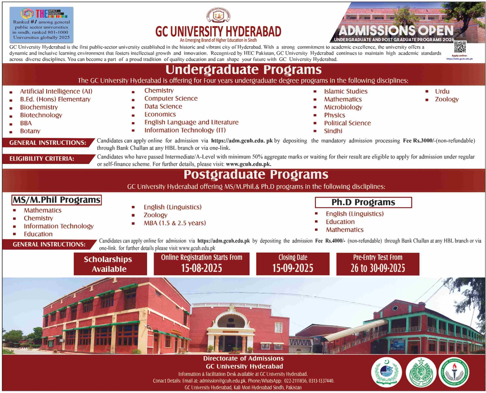 Admission Open in Government College Univeristy 2025 – GC University Hyderabad Admissions 2025 — original advertisement