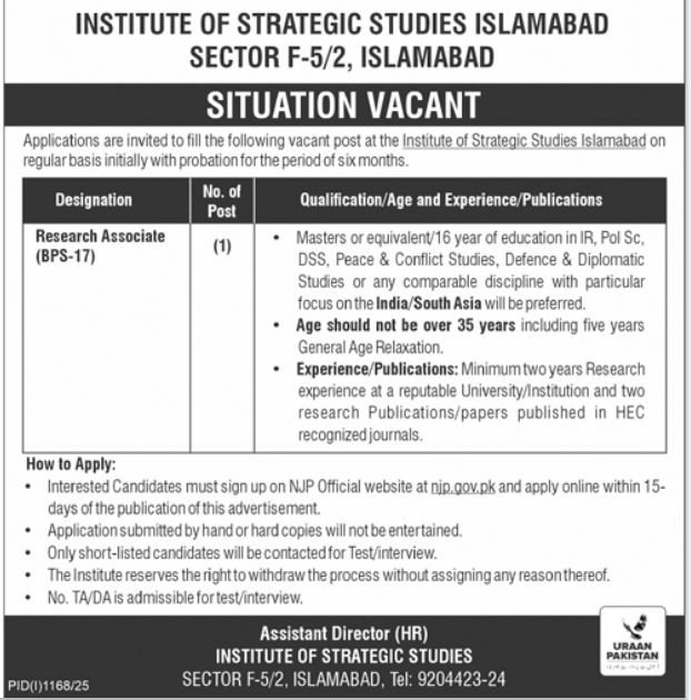 Institute of Steategic Studies Islamabad Jobs 2025 – Institute of Strategic Studies Islamabad Jobs 2025 — original advertisement
