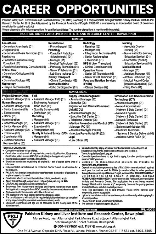 Pakistan Kidney & Liver Institute & Research Centre PKLI Job – Pakistan Kidney And Liver Institute (PKLI) And Research Centre Lahore Jobs 2025 — original advertisement